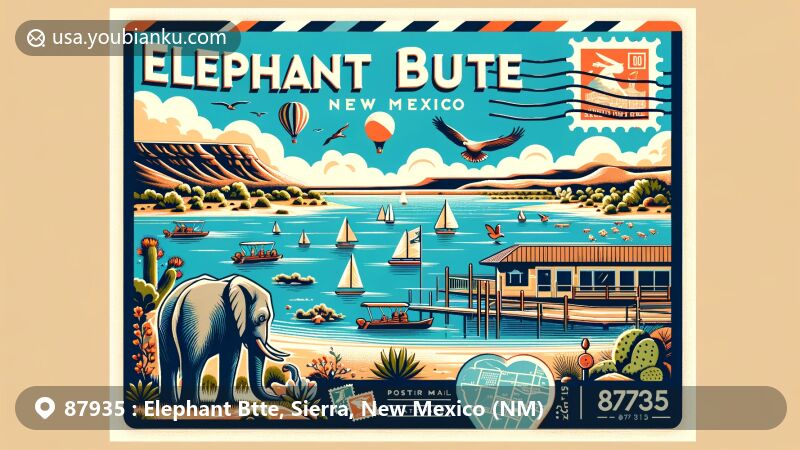Modern illustration of Elephant Butte, Sierra County, New Mexico, depicting the beauty of Elephant Butte Lake State Park and desert landscape, highlighting water sports, bird watching, and postal theme with ZIP code 87935.