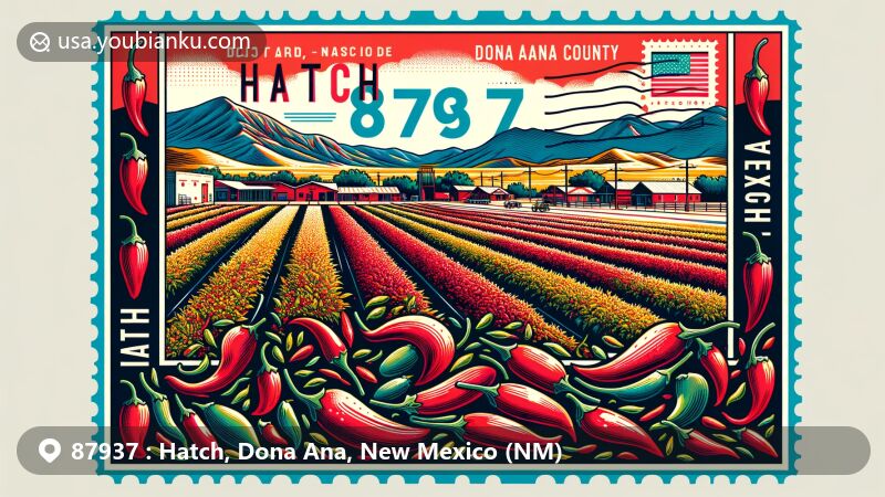 Modern illustration of Hatch, Dona Ana County, New Mexico, highlighting New Mexico chile peppers, known as the 'chile capital of the world', with desert and mountain landscapes including Las Uvas Mountains.