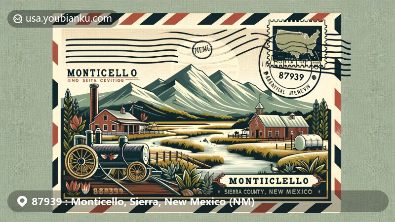 Modern illustration of Monticello, Sierra County, New Mexico, inspired by ZIP code 87939, featuring Alamosa Creek, farming heritage, artisanal balsamic production, and mountain scenery.