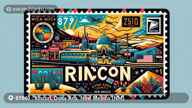 Modern illustration of Rincon, Dona Ana County, New Mexico, with ZIP code 87940, featuring creative postal-themed design and cultural elements, representing historical significance and local charm.