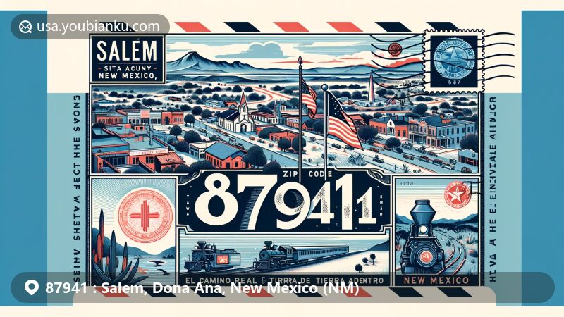 Modern illustration of Salem, Dona Ana County, New Mexico, featuring ZIP code 87941, showcasing elements of postcard design with emphasis on El Camino Real de Tierra Adentro and state symbols.
