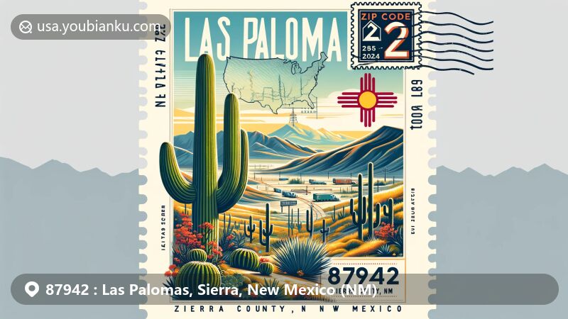 Modern illustration of Las Palomas, Sierra County, New Mexico, showcasing natural beauty with cacti and rugged mountains, including Palomas Gap and the state flag, featuring vintage postal elements and ZIP code 87942.