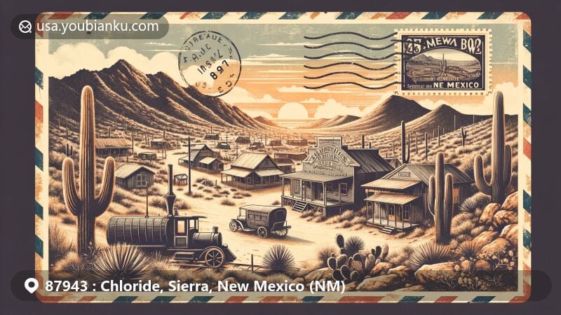 Modern illustration of Chloride, Sierra County, New Mexico, showcasing rich silver mining community history in a ghost town setting. Features desert sunset, cacti, and possibly old saloon or Pioneer Store Museum. Includes postal theme with ZIP code 87943 stamp and faint representation of New Mexico state flag.