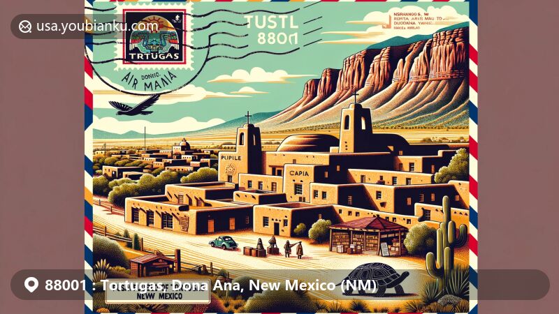 Modern illustration of Tortugas, Dona Ana, New Mexico, depicting Pueblo heritage and traditions against Tortugas Mountain backdrop, featuring key cultural landmarks like Casa del Pueblo, Capia, Casa de la Comida, and Escuelita, with vintage airmail envelope showcasing ZIP code 88001 and New Mexico state symbols.
