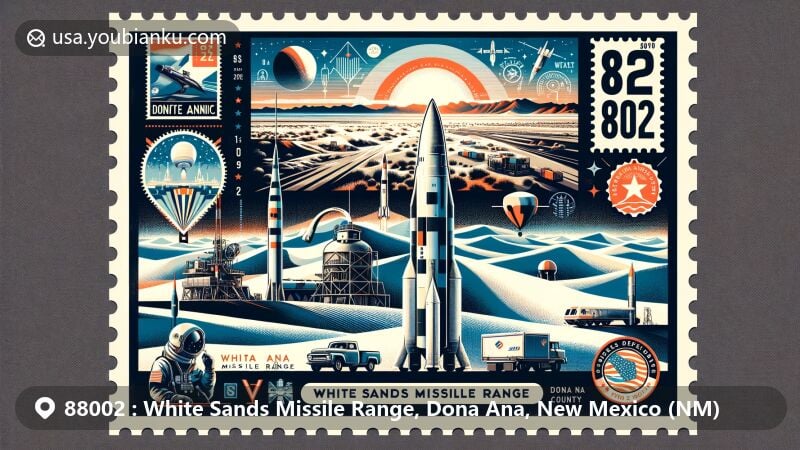 Modern illustration of White Sands Missile Range, Dona Ana County, New Mexico, highlighting aerospace history and natural beauty, featuring V-2 rockets, Trinity test site, and White Sands dunes.