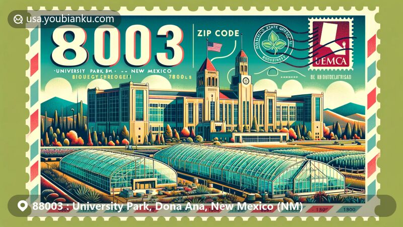 Modern illustration of University Park, Dona Ana County, New Mexico, featuring iconic buildings of New Mexico State University and postal elements, with emphasis on education and research.