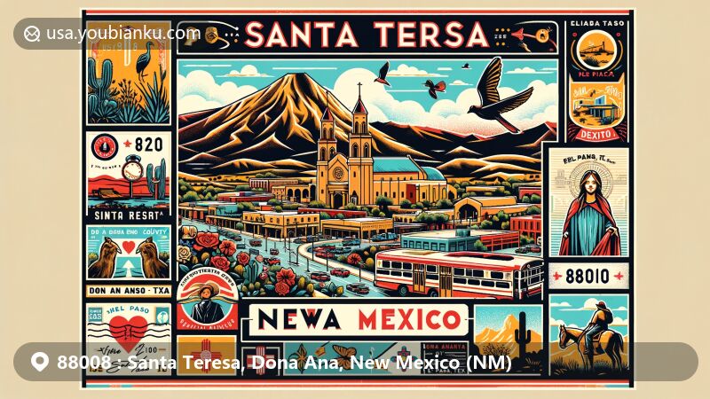 Modern illustration of Santa Teresa, New Mexico, showcasing Rio Grande Valley beauty, vintage postcard style with ZIP code 88008, outdoor activities, and cultural symbols.