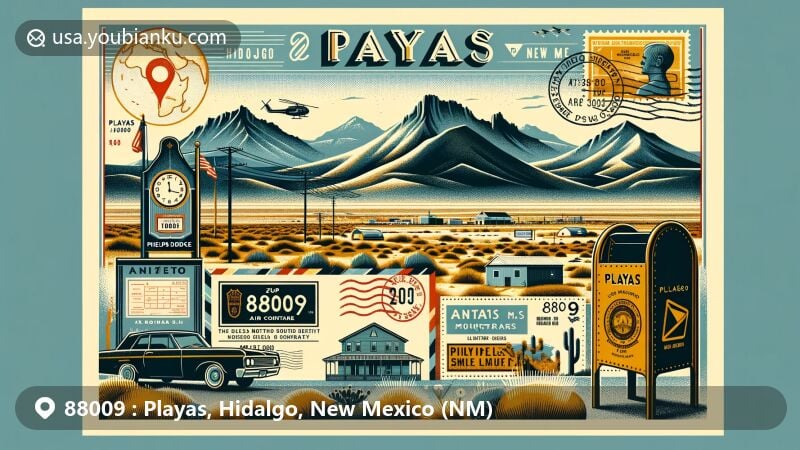 Modern illustration of Playas, Hidalgo County, New Mexico, featuring ZIP code 88009, with views of Animas and Little Hatchet Mountains, Playas Lake, and historical references to Phelps Dodge Corporation. Postal theme includes vintage air mail envelope, postage stamp, postmark, and mailbox, set in the picturesque landscape of Hidalgo County.