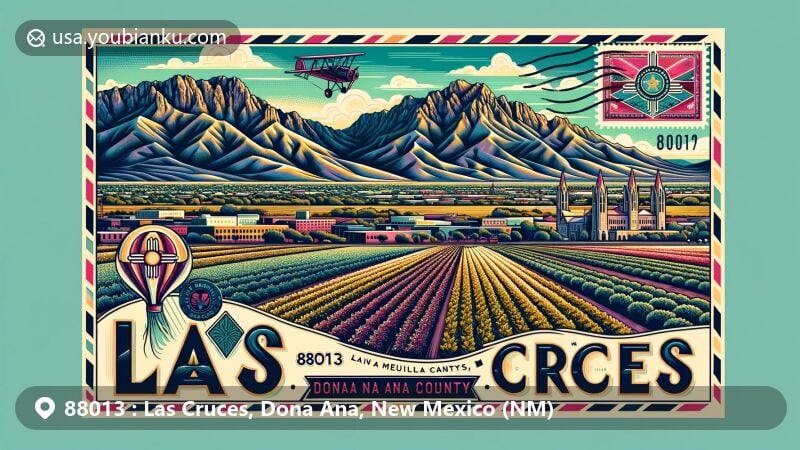 Modern illustration of Las Cruces, Dona Ana County, NM, showcasing landmarks like Organ Mountains and Mesilla Valley, with NMSU representation and postal theme.