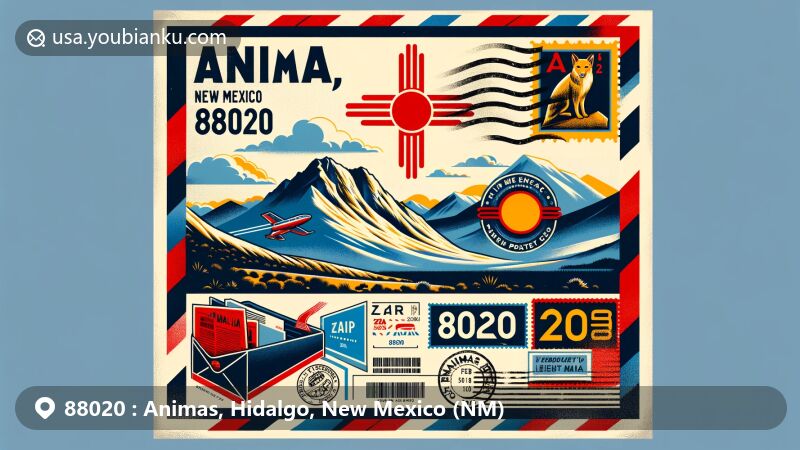 Modern illustration of Animas, Hidalgo County, New Mexico, showcasing postal theme with ZIP code 88020, featuring Animas Mountains in background and classic airmail envelope in foreground.