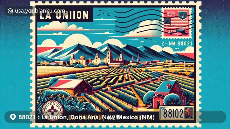 Modern illustration of La Union, Dona Ana County, New Mexico, with ZIP code 88021, showcasing geographical features, agricultural heritage, and postal elements like La Viña Winery, La Union Maze, vineyards, maize fields, and vintage postal elements.