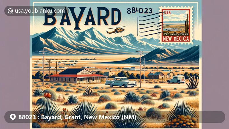 Modern illustration of Bayard, Grant County, New Mexico, displaying semi-arid desert landscape with yucca plants, against the backdrop of the Pinos Altos Range and the Mogollon Mountains, highlighting its location near the Continental Divide.