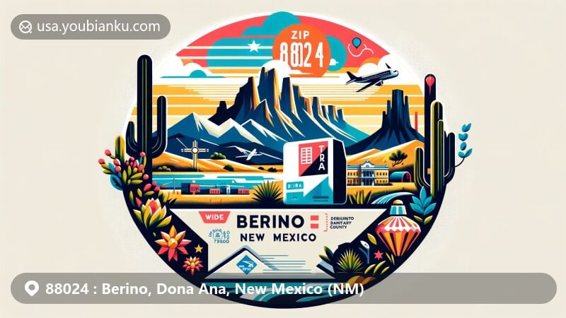 Modern illustration of Berino, Doña Ana County, New Mexico, highlighting postal theme with ZIP code 88024, featuring Organ Mountains and local cultural elements like yucca plants and the Rio Grande.