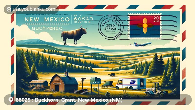 Modern illustration of Buckhorn, Grant County, New Mexico, inspired by postal theme with ZIP code 88025, featuring state flag and county outline, capturing serene rural landscape.