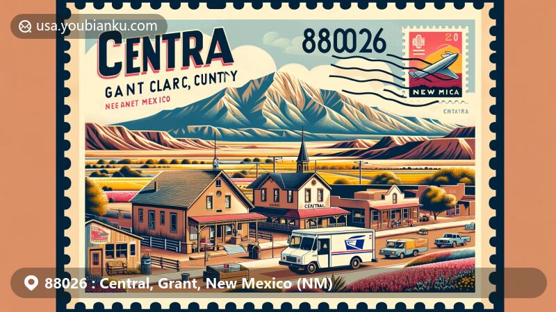 Modern illustration of Central, Grant County, New Mexico, highlighting Santa Clara village, Zuni Mountains, uranium mining history, carrot capital legacy, and vibrant community scene.