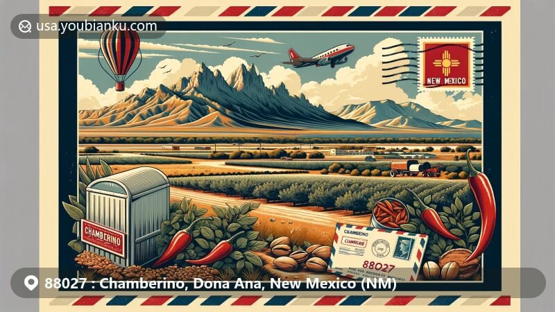 Modern illustration of Chamberino, Doña Ana County, New Mexico, showcasing scenic Mesilla Valley with Organ Mountains in the background, featuring chili peppers, pecan trees, and vintage airmail themed elements, including New Mexico state flag postage stamp and Chamberino postmark.