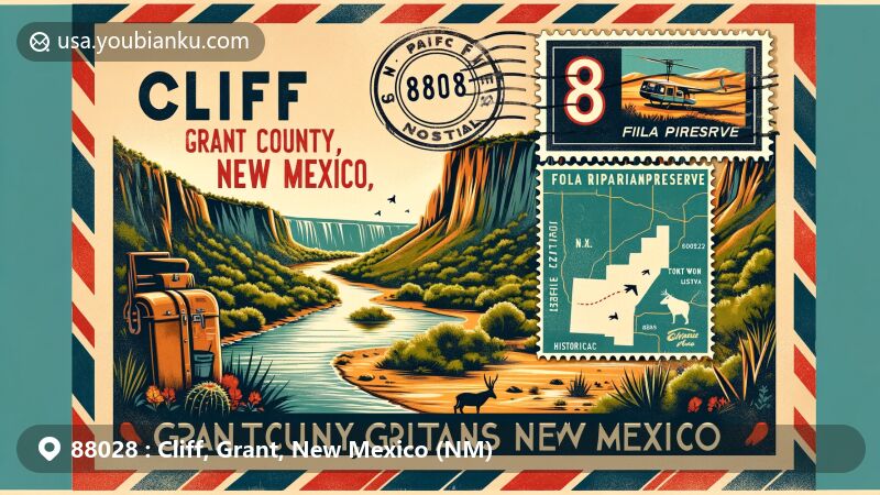 Modern illustration of Cliff, Grant County, New Mexico, showcasing postal theme with ZIP code 88028, featuring the Gila Riparian Preserve and Fort West silhouette.