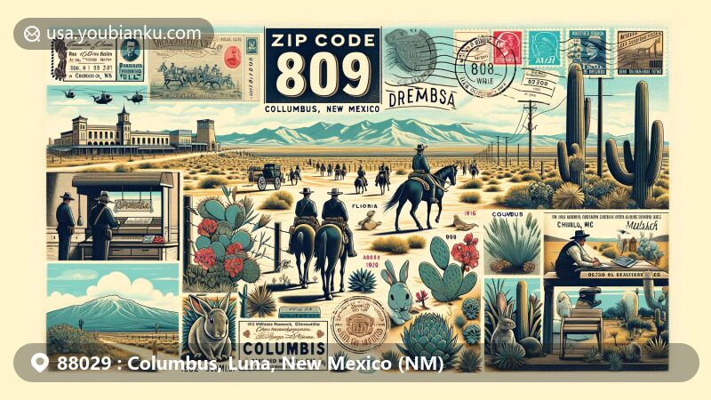 Modern illustration of Columbus, Luna County, New Mexico, showcasing historical scene from 1916 Pancho Villa raid and geographical features like Florida and Tres Hermanas mountain ranges, depicting desert flora and fauna.