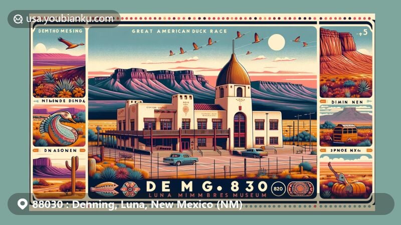 Modern illustration of Deming, Luna County, New Mexico, featuring Deming Luna Mimbres Museum, Custom House, Chihuahuan Desert landscape, and Great American Duck Race, with postal theme of ZIP code 88030.