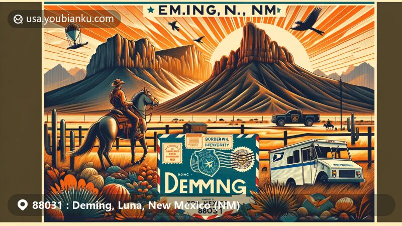 Modern illustration of Deming, New Mexico, ZIP code 88031, featuring Florida Mountains backdrop, cowboy on horseback, Border Patrol vehicle, and vintage air mail envelope with '88031' ZIP code and Deming, NM, symbolizing outdoor adventures, historical heritage, and modern border security.