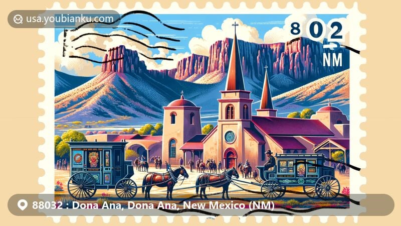 Modern illustration of Dona Ana, New Mexico, featuring the Church of Nuestra Señora de la Candelaria and Organ Mountains, with a stylized postage stamp showing ZIP code 88032 and vintage postmark, alongside a horse-drawn postal wagon.