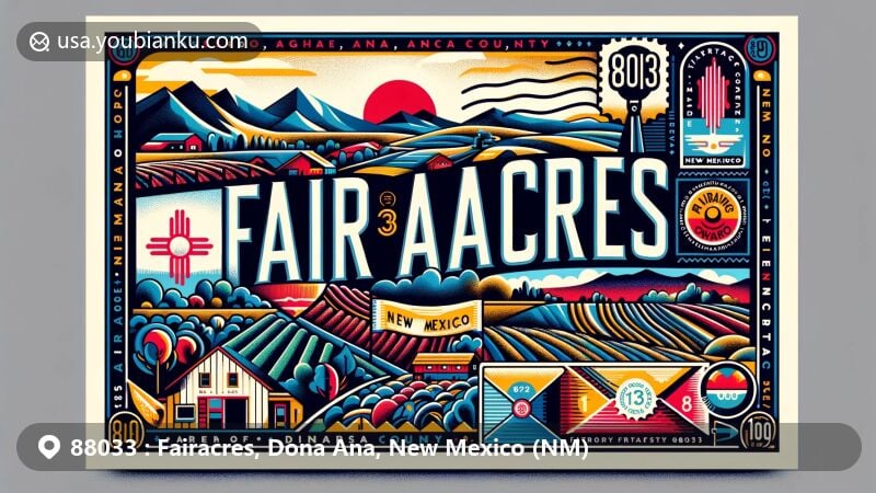 Modern illustration of Fairacres, Doña Ana County, New Mexico, embodying its geographical features like Organ Mountains and Rio Grande, showcasing local vineyards and wineries in a colorful postcard style with postal theme elements and ZIP code 88033.