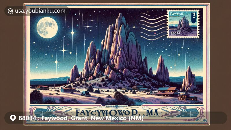 Modern illustration of City of Rocks State Park near Faywood, New Mexico, highlighting towering rock formations under a starry sky, featuring vintage postcard frame with postal elements and ZIP code 88034.
