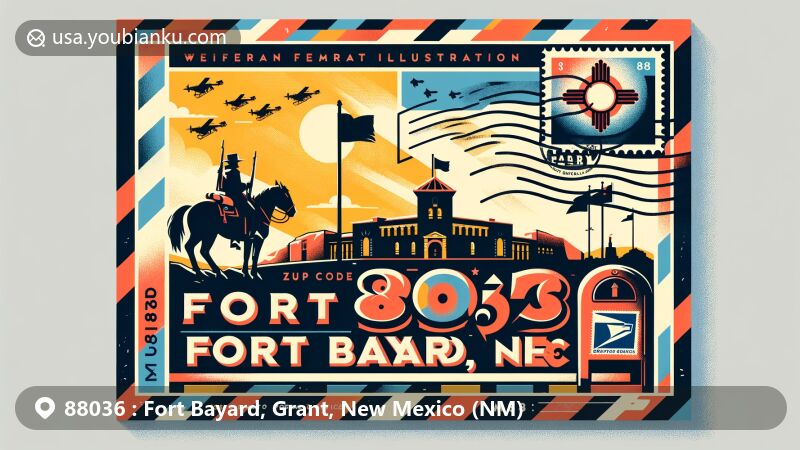 Modern illustration of Fort Bayard, Grant County, New Mexico, highlighting postal theme with ZIP code 88036, featuring iconic landmark and military history of the Buffalo Soldiers, flag of New Mexico, postal elements, and mailbox symbol.