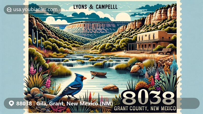 Modern wide-format illustration of Gila, Grant County, New Mexico, merging postal elements with natural beauty, showcasing Gila Wilderness, Gila River, Lyons & Campbell Ranch, and Turkey Creek Hot Springs.