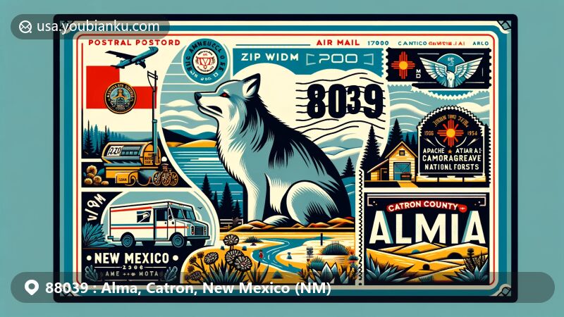 Modern illustration of Alma, Catron County, New Mexico, with postal motif and ZIP code 88039, showcasing state symbols like the flag and Mexican gray wolf, and featuring Gila National Forest and Apache-Sitgreaves National Forests.