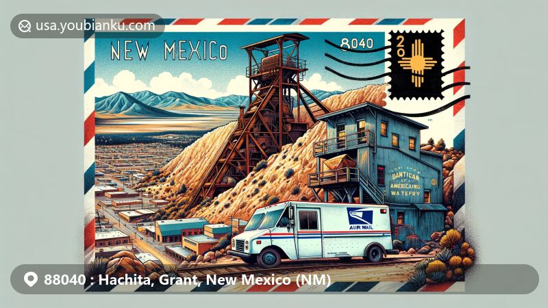Modern illustration of Hachita area in Grant County, New Mexico, highlighting mining heritage and postal theme with ZIP code 88040, featuring Little Hatchet Mountains, American Mine ruins, railroad water tower, and air mail envelope.