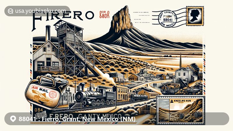 Modern illustration of Fierro, Grant County, New Mexico, featuring mining heritage, Kneeling Nun landmark, ghostly town, old mines, mining equipment, and postal elements with ZIP code 88041.