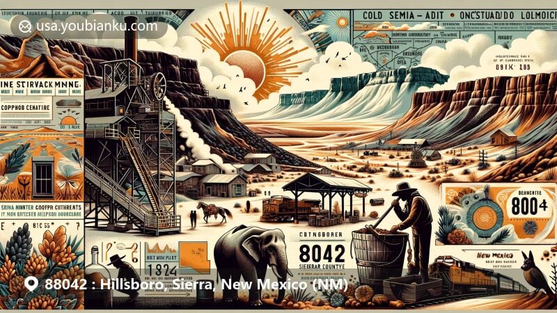 Modern illustration of Hillsboro, Sierra County, New Mexico, showcasing mining activities at the Sternberg Mine and Copper Flat, highlighting ore minerals like pyrite, chalcopyrite, sphalerite, and galena.