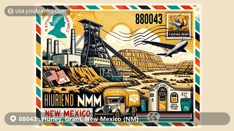 Modern illustration of Hurley, Grant County, New Mexico, featuring Chino Mine, vintage postcard with mining culture, New Mexico state flag, Kneeling Nun stamp, and postal elements.