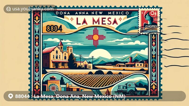 Modern illustration of La Mesa, Dona Ana County, New Mexico, with ZIP code 88044, showcasing local charm and iconic landmarks, including Chopes Bar & Cafe and New Mexico state symbols.