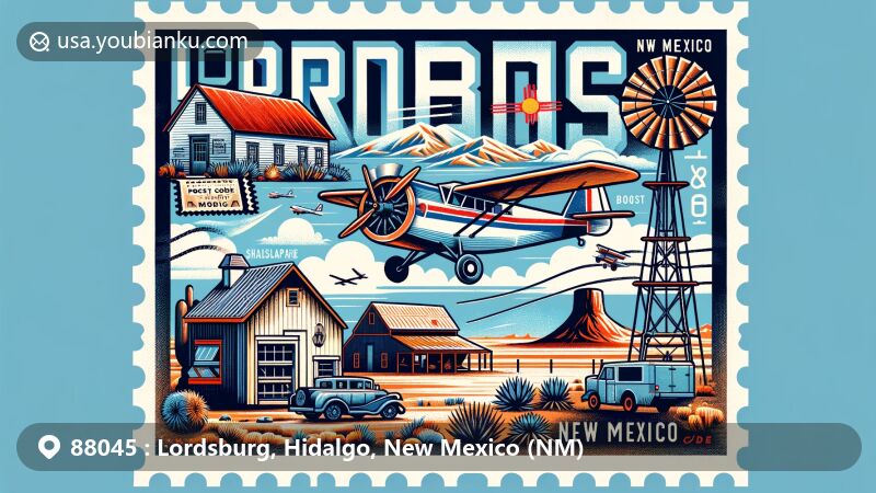 Modern illustration of Lordsburg, Hidalgo County, New Mexico, highlighting postal code 88045, showcasing geographical and historical elements like the birthplace of the state song 'O Fair New Mexico,' Lordsburg-Hidalgo County Museum, Lordsburg Municipal Airport, windmill, and Shakespeare Ghost Town.