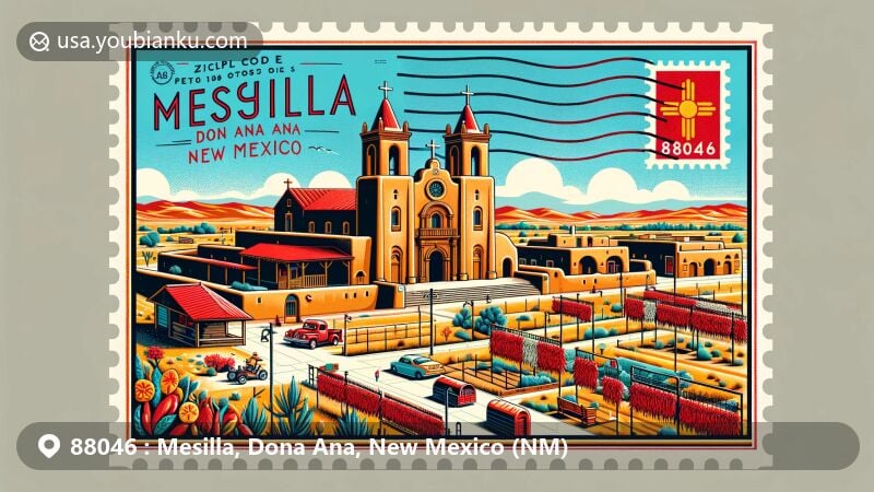 Modern illustration of Mesilla, Dona Ana, New Mexico, highlighting the iconic Basilica of San Albino, ristras, and Mesilla Plaza, capturing the area's historical and cultural charm with a vintage postage stamp design and ZIP code 88046.
