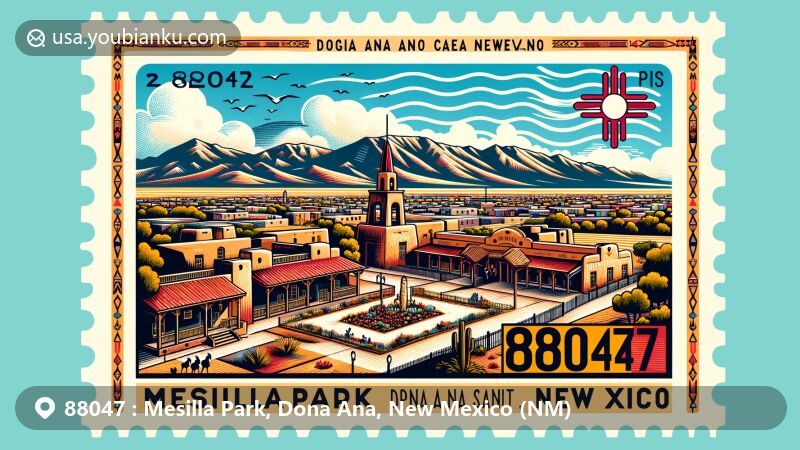 Vivid depiction of Mesilla Park, Doña Ana County, New Mexico, highlighting historic Mesilla Plaza tied to figures like Billy the Kid and Pancho Villa, showcasing diverse architectural styles, desert landscape with Organ Mountains, and New Mexico state flag.
