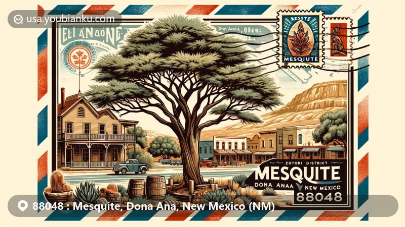 Modern illustration of Mesquite, Dona Ana County, New Mexico, showcasing Mesquite Historic District, El Camino Real significance, and cultural symbols like mesquite tree.
