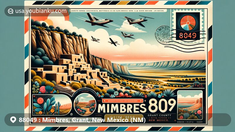 Modern illustration of Mimbres, Grant County, New Mexico, featuring Gila Cliff Dwellings, Gila Wilderness, and City of Rocks State Park, with iconic black and white pottery, air mail envelope displaying ZIP code 88049.