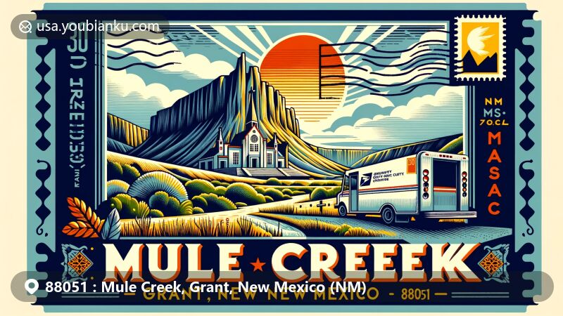 Modern illustration of Mule Creek, Grant, New Mexico (NM), showcasing Thorshof temple, New Mexico state flag, Grant County outline, and postal elements like stamps, postmarks, mailbox, and mail truck.