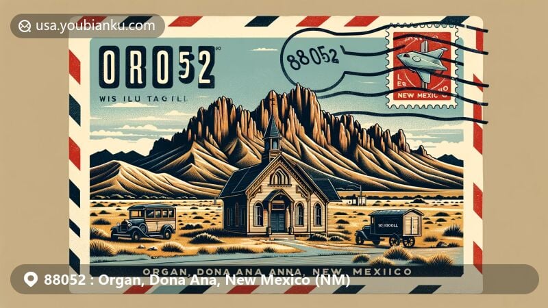 Modern illustration of Organ, Dona Ana County, New Mexico, showcasing the rugged beauty of Organ Mountains and iconic Organ Needle peak, with historic Organ schoolhouse in foreground, cleverly integrated onto vintage air mail envelope with New Mexico state flag postal stamp.