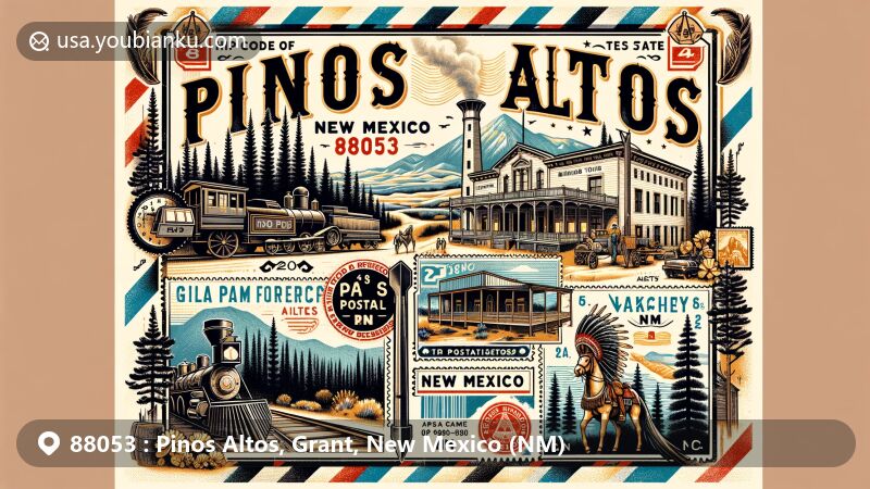 Modern illustration of Pinos Altos, Grant, New Mexico, portraying gold mining town history from the 1860s, highlighting Pinos Altos Mountains, Gila National Forest, and tall pine trees symbolizing the town's name.
