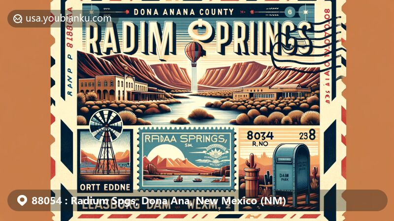 Modern illustration of Radium Springs, Dona Ana County, New Mexico, with ZIP code 88054, featuring key landmarks like Fort Selden, the Rio Grande, Leasburg Dam State Park, and Fort Selden Winery.