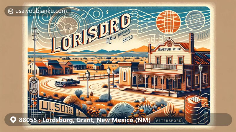 Modern illustration of Lordsburg, Grant County, New Mexico, featuring Shakespeare Ghost Town with original adobe and timber buildings, Veterans Park as a landmark for veterans, artistic representation of 'O Fair New Mexico' state song, semi-arid landscape, and vintage postal elements.