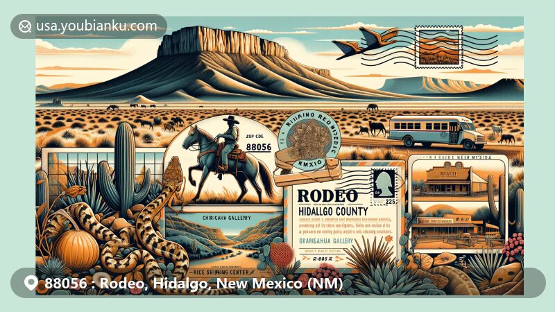 Modern illustration of Rodeo, Hidalgo County, New Mexico, featuring ZIP code 88056, highlighting Chiricahua Desert Museum, Chiricahua Gallery, and Granite Peak.