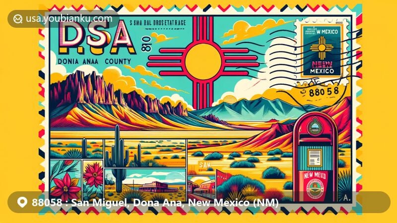 Modern illustration of San Miguel, Dona Ana County, New Mexico, showcasing postal theme with ZIP code 88058, highlighting Mesilla Valley, Organ Mountains, and iconic New Mexico symbols.