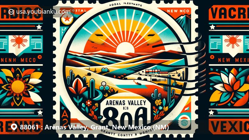 Modern illustration of Arenas Valley, Grant County, New Mexico, representing the zipcode 88061 with a vintage postcard design, highlighting the semi-arid landscape and postal theme.