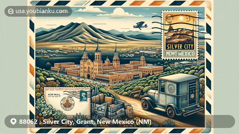 Modern illustration of Silver City, Grant County, New Mexico, with postal-themed elements like vintage air mail envelope, Fort Bayard postage stamp, and 'Silver City, NM 88062' cancellation mark, set against Mogollon Mountains backdrop.