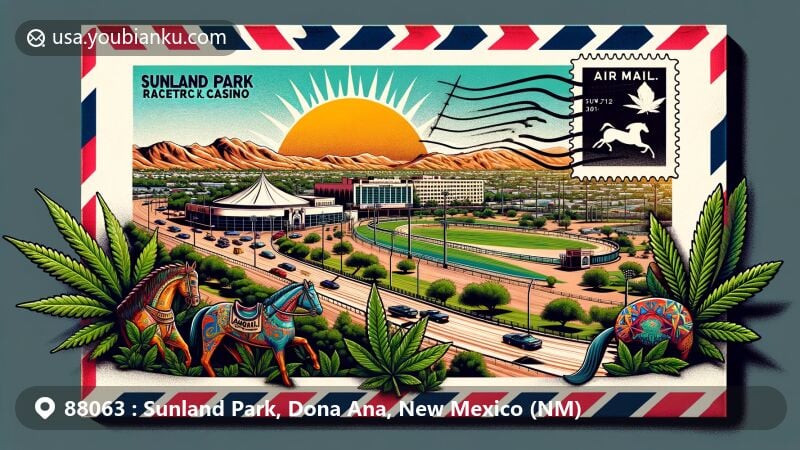 Modern illustration of Sunland Park, New Mexico, showcasing postal theme with ZIP code 88063, featuring Sunland Park Racetrack & Casino, Mount Cristo Rey, U.S. border barrier, and marijuana leaves, representing the city's history, geography, and economic changes.